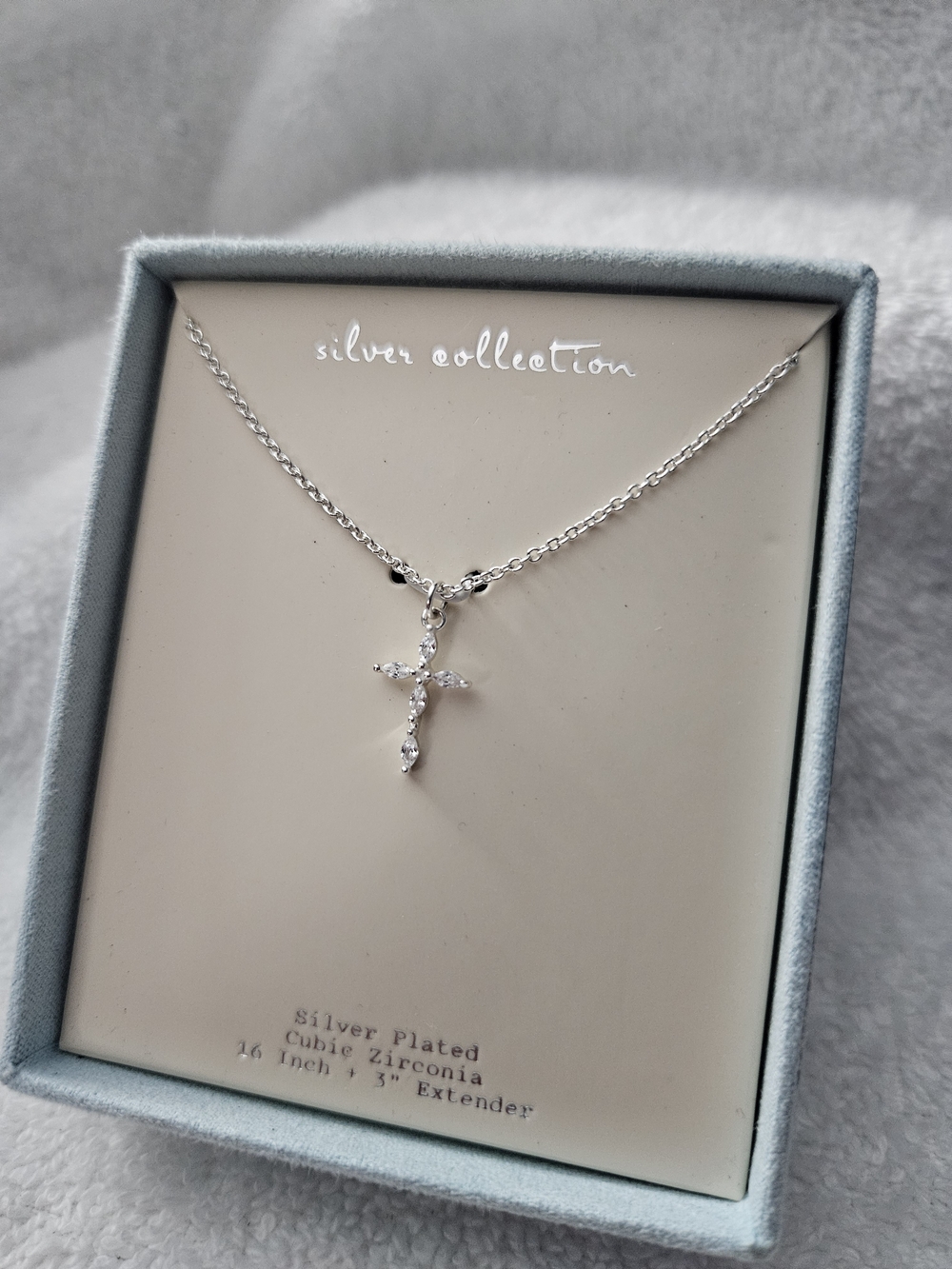 A New Day Silver Plated Cubic Zirconia Marquise Cross Pendant Necklace Boxed